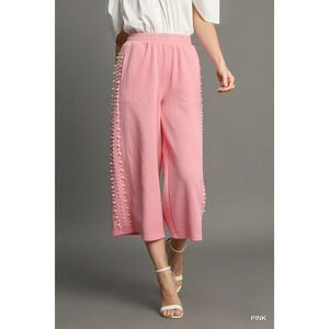 K8793P Umgee Knit Jacquard Pants with Pearl Details & Side Seam - Pink Var Sizes